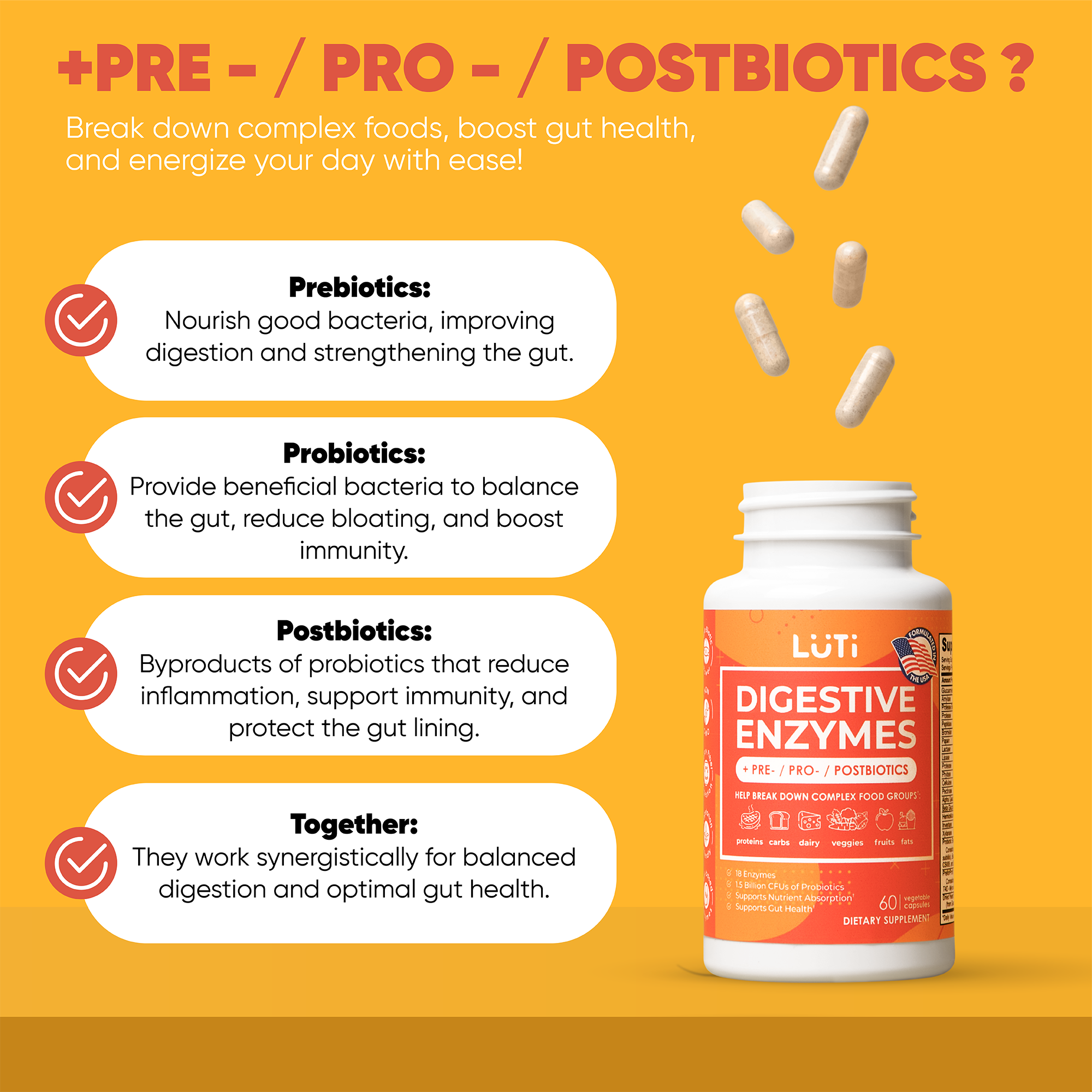 LUTI Digestive Enzymes + Pre-/Pro-/Postbiotics.